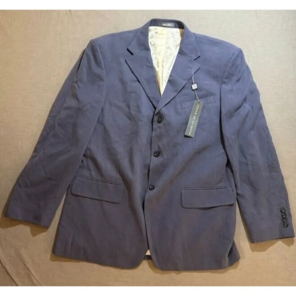 Oscar De La‎ Renta Silk Blazer Jacket Mens 44 Blue Button Long Sleeve Blazer New